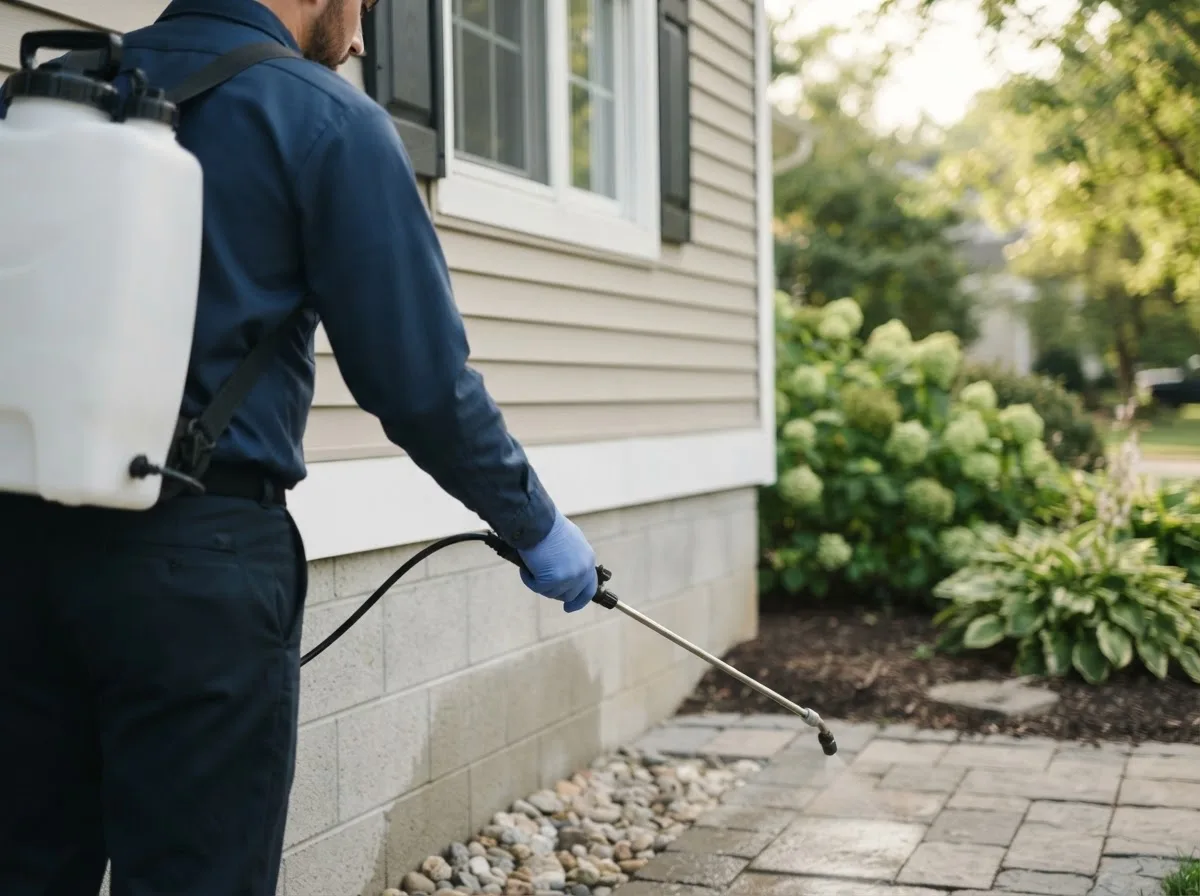 Pest control technician inspecting a home in Harts, WV